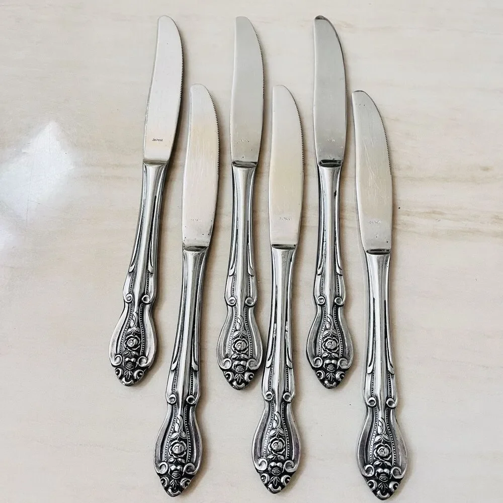 6pc Mona Lisa Lifetime Guaranteed Stainless Dinner Knife 8 3/8” Roses Japan